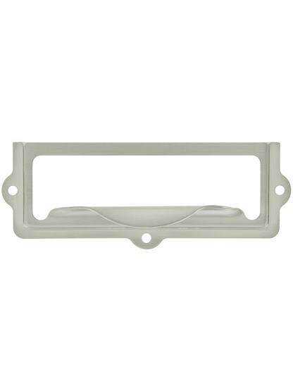 3 1/8 inch Stamped Brass Label Holder and Pull in Satin Nickel.